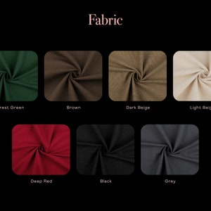 May include: Fabric swatches in various colors, including forest green, brown, dark beige, light beige, deep red, black, and grey. The swatches are arranged in two rows of four.