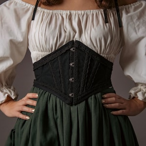 Cintura corsetto con pizzo a tombolo, cintura in vita, chiusura anteriore a busk, allacciatura posteriore / Celeste