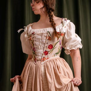 Corsettop met bloemen, handgemaakt, renaissancistisch faire-korset, baleinen, overjurkontwerp, gobelinstof | Joanna