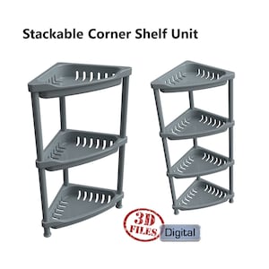 以下が含まれることがあります： 3段のグレーのコーナーシェルフユニット。ユニットはプラスチック製で、シンプルなデザインです。棚はオープンで、わずかにカーブしています。ユニットは、3段と4段の2つの異なる構成で表示されています。