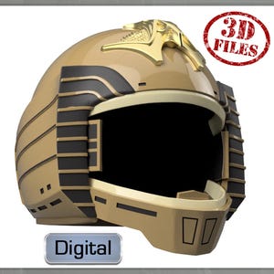 Puede incluir: Un modelo 3D imprimible de un casco dorado y negro con un diseño de águila dorada en la parte superior. El casco tiene una visera que se puede subir o bajar. La imagen incluye el texto "3D FILES" y "Digital".