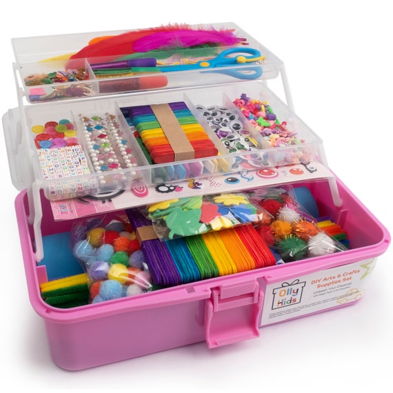 Olly Kids Arts and Crafts Supplies for Kids Girls 4 5 6 7 8 9 10 11 & 12  Ultimate Crafting Supply Set in Portable 3 Layered Plastic Art Box 