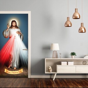 Jesus Divine Mercy Door Vinyl Sticker - Religious Wall Art, Catholic Home Decor, Peel & Stick Vinyl Decal for Prayer Room,  Door Mural Decal