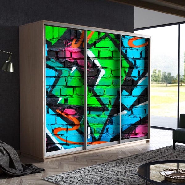Graffiti Brick Wardrobe Sticker – Closet Door Decal, Custom Size