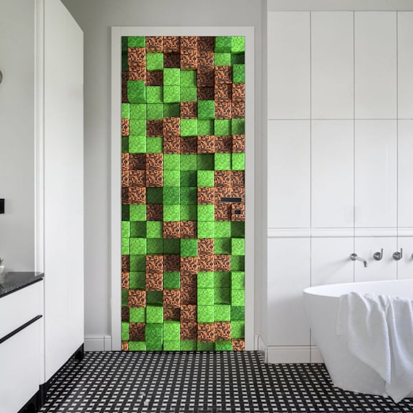 Premium Green Pixels  Minecraft Sticker Gift Door Sticker Game room Door Art Adhesive mural Roor sticker Wrap Door Decoration Door Art