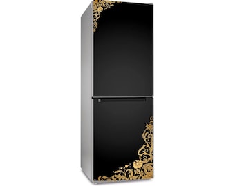 Black & Gold Floral Fridge Wrap, Vinyl Refrigerator Decal