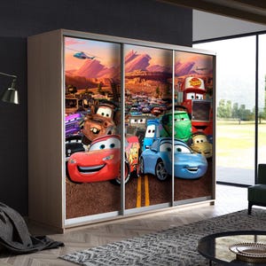 Lightning McQueen Closet Door Decal - Peel and Stick Vinyl Film, Dressing room Closet Cartoon mural, Sliding Wardrobe Art