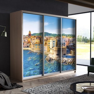 Self adhesive Wallpaper for Closet Door Sticker, Door Art - Wardrobe Decals, Custom Dressing room Sticker, City View Door Wallpaper