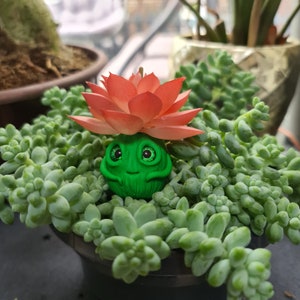 Puede incluir: Una caprichosa figura verde con una cara sonriente y ojos grandes, coronada con una flor de color coral, ubicada entre suculentas verdes. La figura tiene una superficie texturizada. El tema general es la naturaleza y la fantasía.