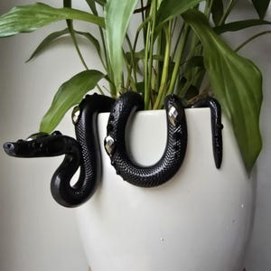 Op de afbeelding: Een witte keramische plantenpot met een zwarte slang die om de rand is gewikkeld. De slang heeft een textuurpatroon en zilveren accenten. Groene bladplanten groeien in de pot.