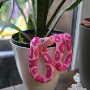 May include: A flexible toy snake featuring a bright pink and magenta spotted pattern. The snake has a smooth texture, a defined head with visible eyes, and a curved body that is draped over the rim of a white plant pot containing a green plant.