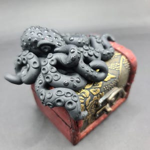 Handmade Octopus Sculpture on Wooden Treasure Chest: Ocean Lover Gift