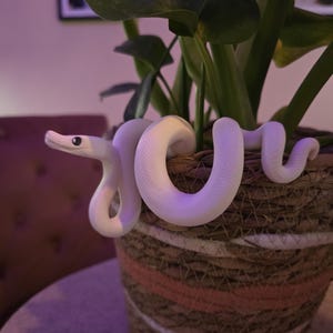 May include: A white snake coiled around a woven basket containing a green plant. The snake has a smooth texture and dark eyes. The basket has a striped design with shades of brown and pink.