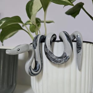 Könnte beinhalten: Eine dekorative Keramikschlange in Grau- und Schwarztönen, die sich um einen weißen, gerippten Blumentopf windet. Das Design der Schlange ahmt natürliche Muster nach. Grüne und weiße Blätterstiele ragen aus dem Topf und schaffen ein einzigartiges Wohnaccessoire.