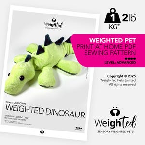 May include: A light green weighted dinosaur plush toy with dark green accents, lying on a white surface. The image includes text: "Weighted Dinosaur" and "Print at Home PDF Sewing Pattern". The toy is approximately 50cm and 1kg.
