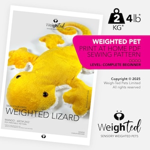 May include: A vibrant yellow weighted lizard toy with white trim, shown on a white surface. The image features text indicating a print-at-home PDF sewing pattern for a weighted pet, weighing 2 kg. The pattern is for complete beginners.