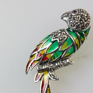 Plique a Jour Parrot Bird Marcasite ,Red Yellow and Green colours Brooch Pendant
