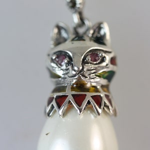 Plique a Jour Cat Pendant: 925 Silver, Enamel, Pearl Drop, Ruby Eyes