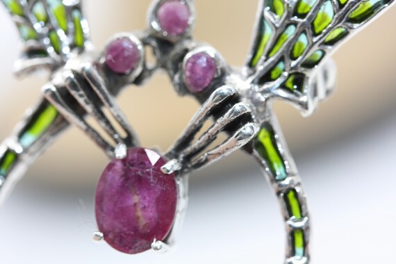 DRAGONFLY DOUBLE Silver RUBY Red Plique a jour 92… - image 9