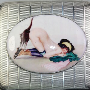 erotic cigarette case M&C Mistress Hidden Enamel Sterling Early 20th century Continental erotic