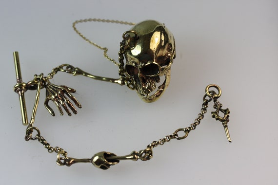 ⑯スケルトンSkullペンダント チェーン付き 真鍮 Vintage Brass Albertina Watch Chain: Skeleton Skull Fob, Bone