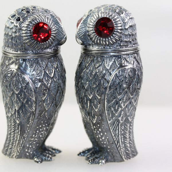 OWL BIRD CRUET Silver Set Red Garnet Eyes Vintage Style