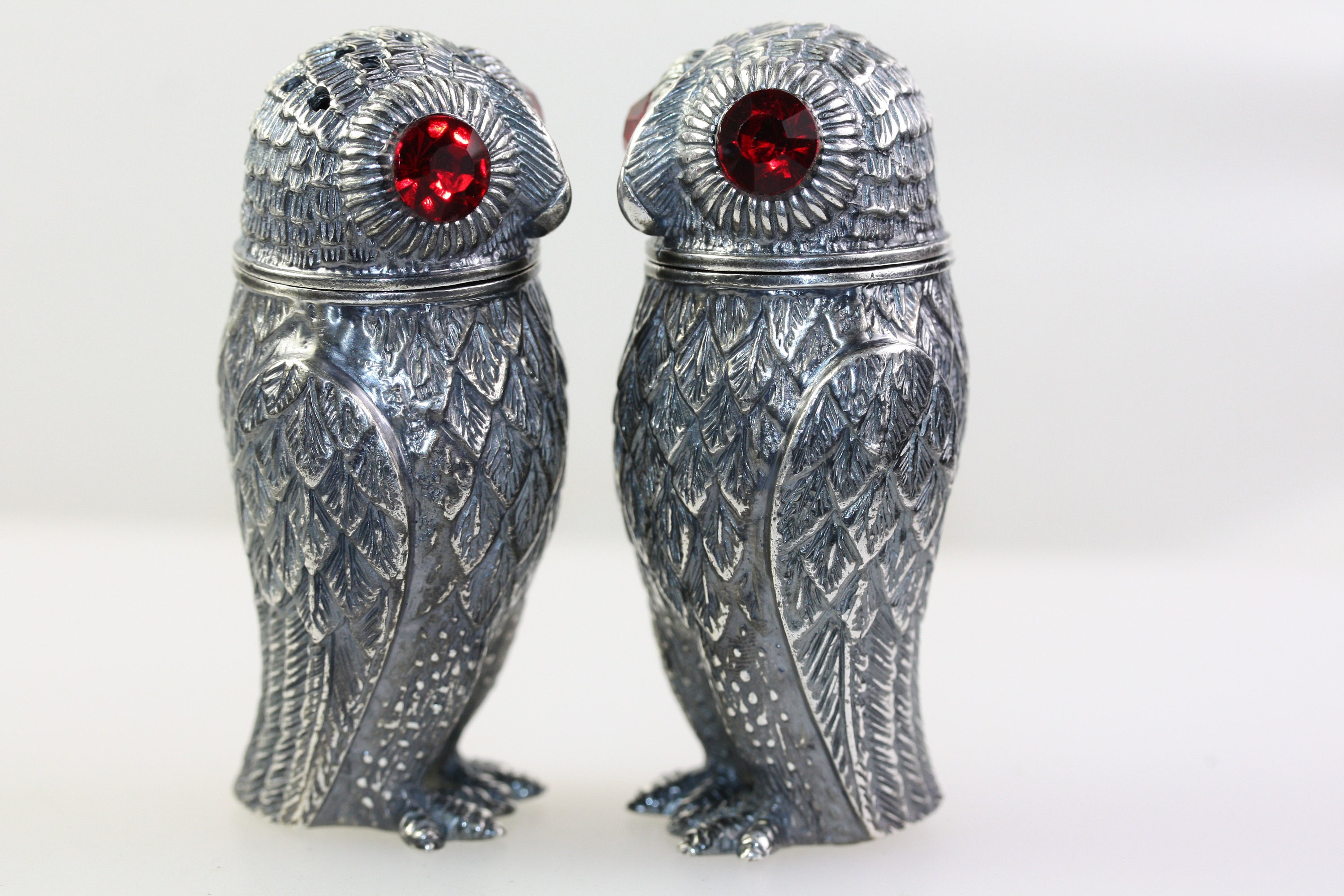 OWL BIRD CRUET Silver Set Red Garnet Eyes Vintage Style