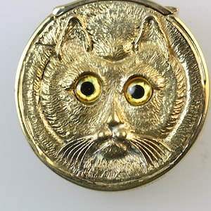 Gold 18ct Cat Vesta Match Safe Case Vintage Style Round Shaped