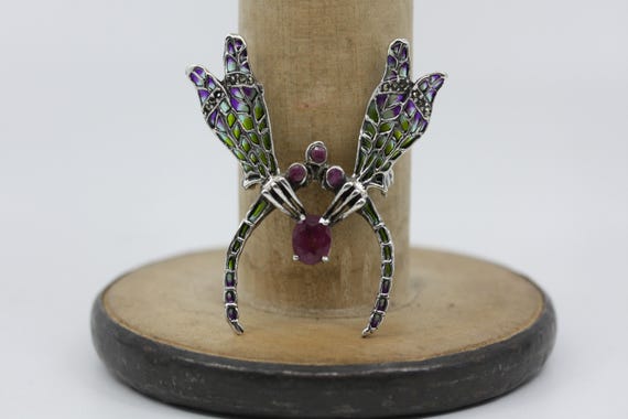 DRAGONFLY DOUBLE Silver RUBY Red Plique a jour 92… - image 3