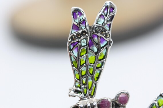 DRAGONFLY DOUBLE Silver RUBY Red Plique a jour 92… - image 7