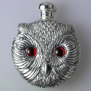 Owl Bird Art Deco Style Silver Perfume Scent Bottle Continental Silver Red eyes