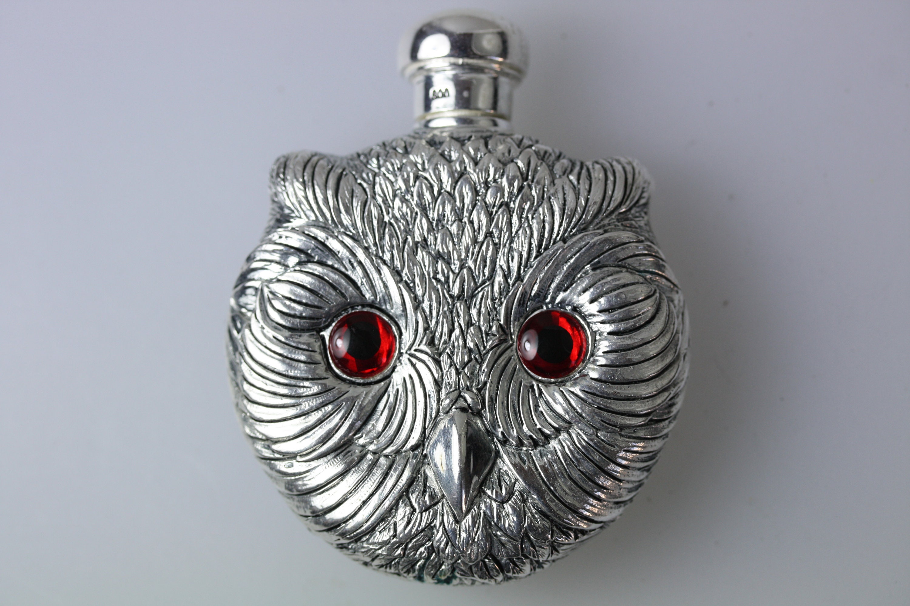 Owl Bird Art Deco Style Silver Perfume Scent Bottle Continental Silver Red eyes