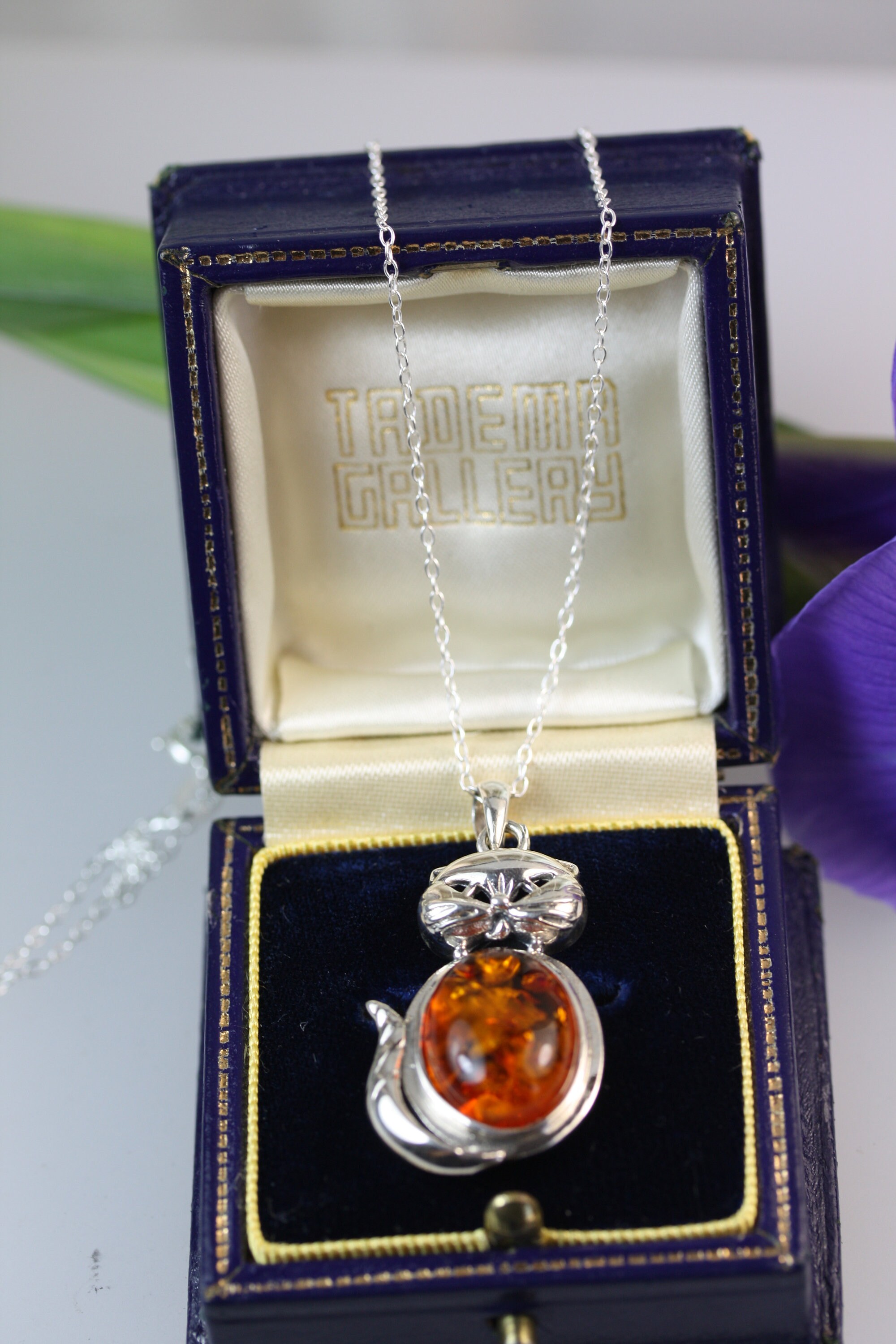 Pendentif Chat En Ambre Véritable - Argent 925 Sterling Unisexe Neuf