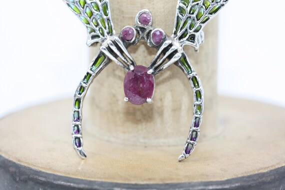 DRAGONFLY DOUBLE Silver RUBY Red Plique a jour 92… - image 5