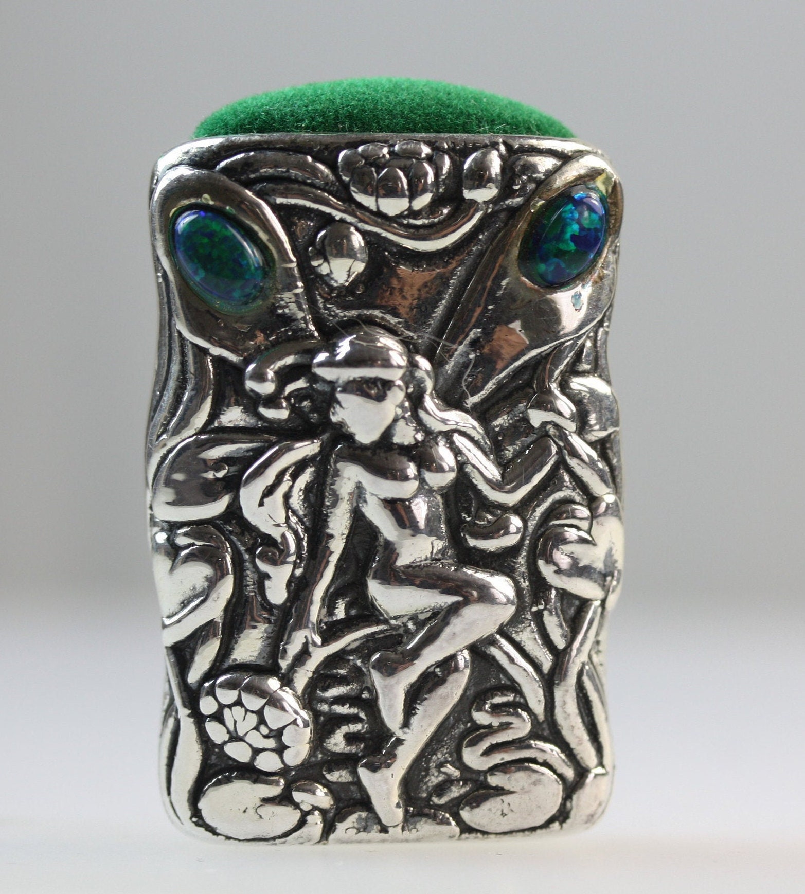 Art Nouveau Silver Winged Fairy Pin Cushion Opal Gem Set Stones Green Velvet Pin
