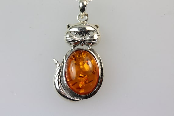 Pendentif Chat En Ambre Véritable Sur Argent 925 - Bijou Unisexe Neuf Avec étiquettes - Fabriqué En Allemagne