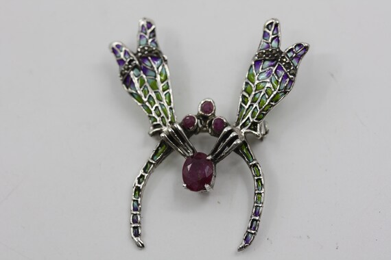 DRAGONFLY DOUBLE Silver RUBY Red Plique a jour 92… - image 6