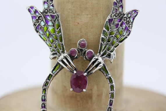 DRAGONFLY DOUBLE Silver RUBY Red Plique a jour 92… - image 4