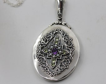 SUFFRAGETTE Silver Necklace Locket Pearl Peridot Amethyst