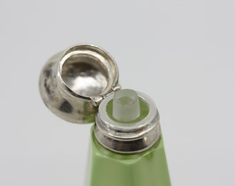 Antique Art Deco Green Glass Perfume Bottle: Silver Top, Frosted Stopper