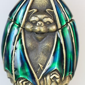 Bat Vesta Match Safe Vintage Blue Green Enamel Brass Case