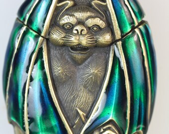 Bat Vesta Match Safe Vintage Blue Green Enamel Brass Case