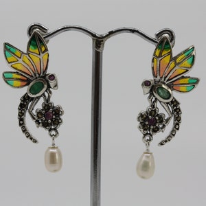 PLIQUE A JOUR Pearl Dragonfly Ruby drop Silver Earrings