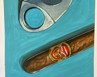 Cigar - Cigar Painting - Partagas - Coffee Shop Decor - Kitchen Decor - Cafe Decor - Mini Painting - Gift for Men