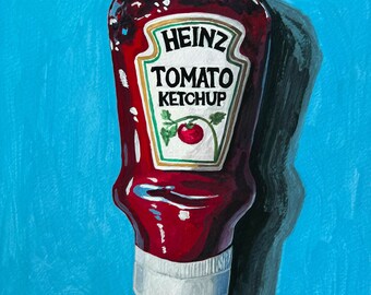 May include: A red Heinz Tomato Ketchup bottle with a white label and a green and gold border. The label features the Heinz logo and a tomato illustration. The bottle is set against a bright blue background.