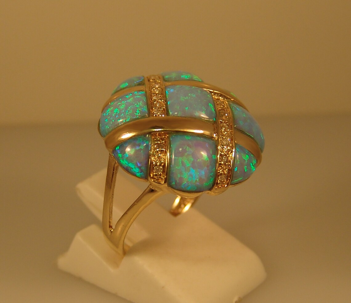 14K Yellow Gold Large Opal Inlay Ring Etsy