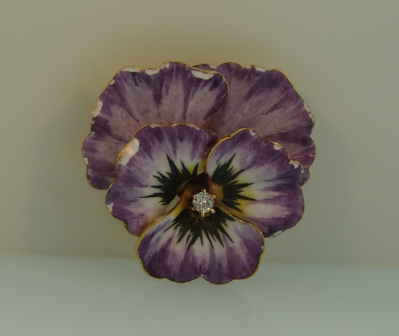 Antique Art Nouveau 14K Gold Enamel 3D Pansy Flowe