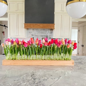 May include: A floral arrangement of colorful tulips in a wooden trough. The tulips, in shades of pink, red, and yellow, are displayed in individual glass vials. The arrangement sits on a marble countertop in a kitchen setting.
