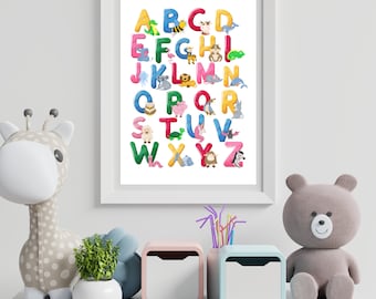 Impression d'art alphabet animal pour chambre de bébé | Décoration de salle de jeux (téléchargement numérique)