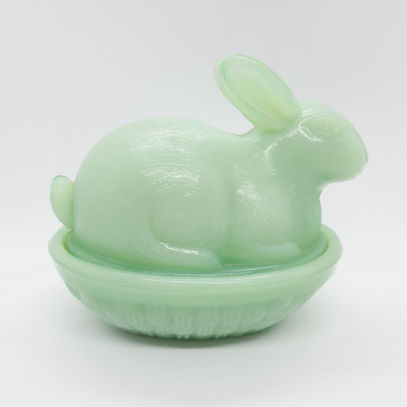 Vintage Jadeite Milk Glass Bunny Rabbit on a Basket Dish Etsy